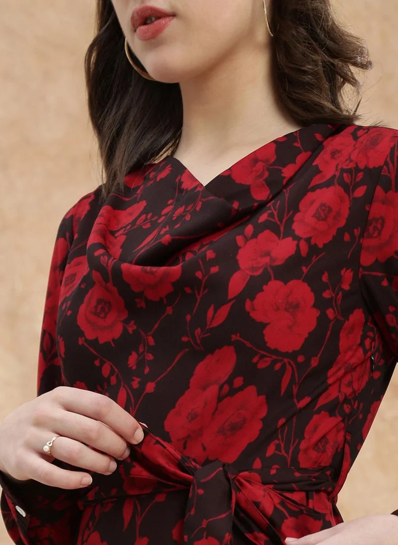 globus Globus Women Red Cowl Neck Cuffed Sleeves Floral Print Front Slit Midi A-Line Dress With Belt